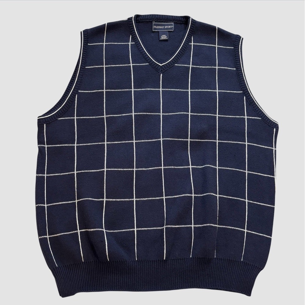 Fairway Sport Men's Large 100 % Cotton Sweater Vest Navy Blue White Windowpane